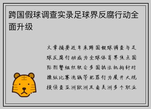 跨国假球调查实录足球界反腐行动全面升级